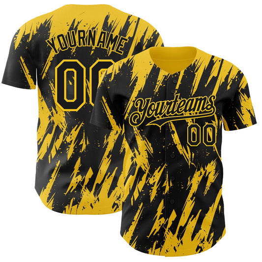 Custom Black Yellow Splatter Torn Sharp Brush Stroke Authentic Baseball Jersey - Main View