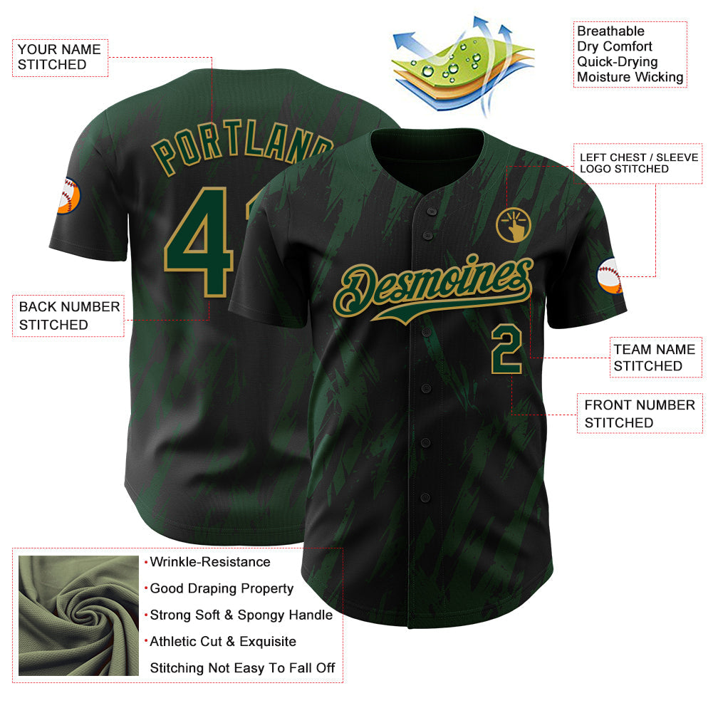 Custom Black Green-Old Gold Splatter Torn Sharp Brush Stroke Authentic Baseball Jersey view 3