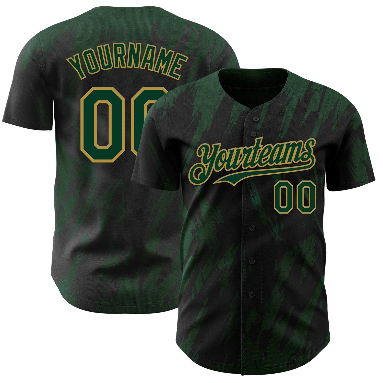 Custom Black Green-Old Gold Splatter Torn Sharp Brush Stroke Authentic Baseball Jersey - Main View