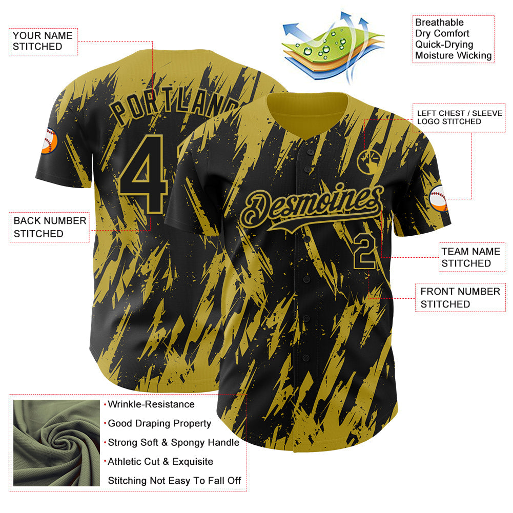 Custom Black Old Gold Splatter Torn Sharp Brush Stroke Authentic Baseball Jersey view 3