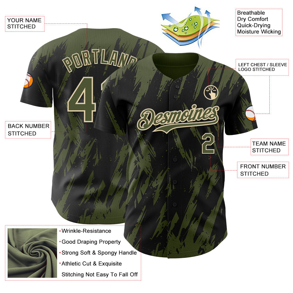 Custom Black Olive-Cream Splatter Torn Sharp Brush Stroke Authentic Baseball Jersey view 3