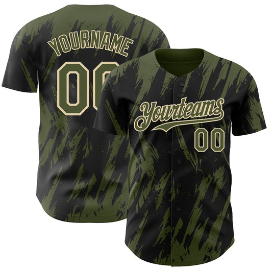 Custom Black Olive-Cream Splatter Torn Sharp Brush Stroke Authentic Baseball Jersey - Main View