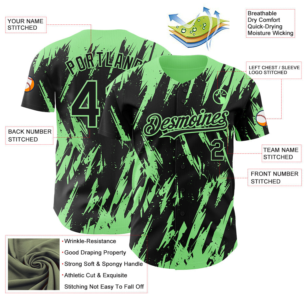 Custom Black Pea Green Splatter Torn Sharp Brush Stroke Authentic Baseball Jersey view 3