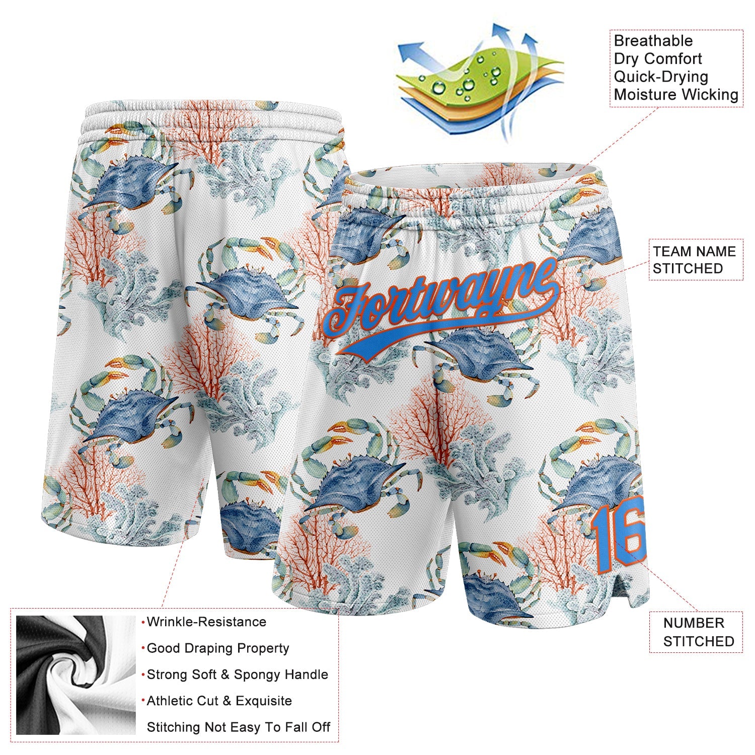 Custom White Powder Blue-Orange 3D Pattern Coral And Crab Authentic Basketball Shorts view 2