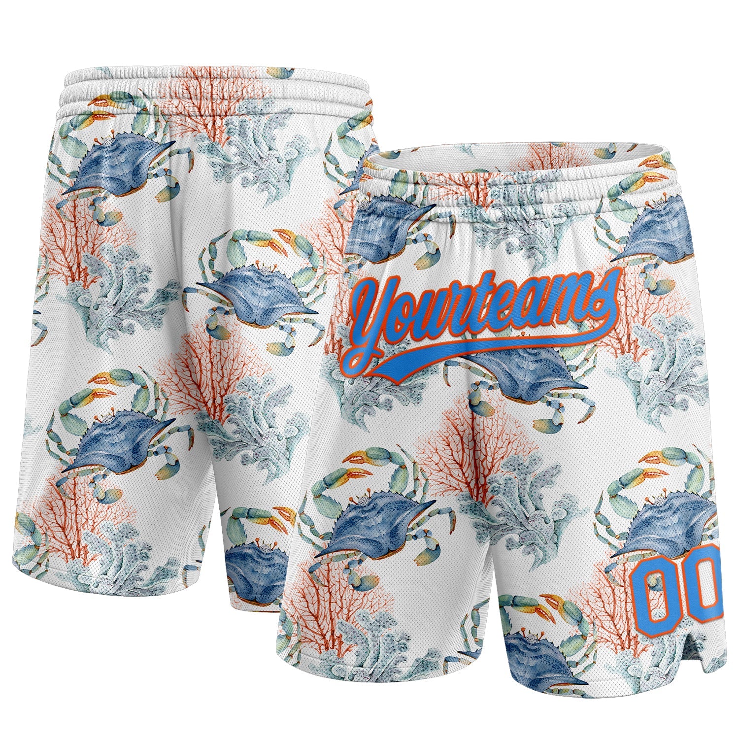 Custom White Powder Blue-Orange 3D Pattern Coral And Crab Authentic Basketball Shorts - Main View