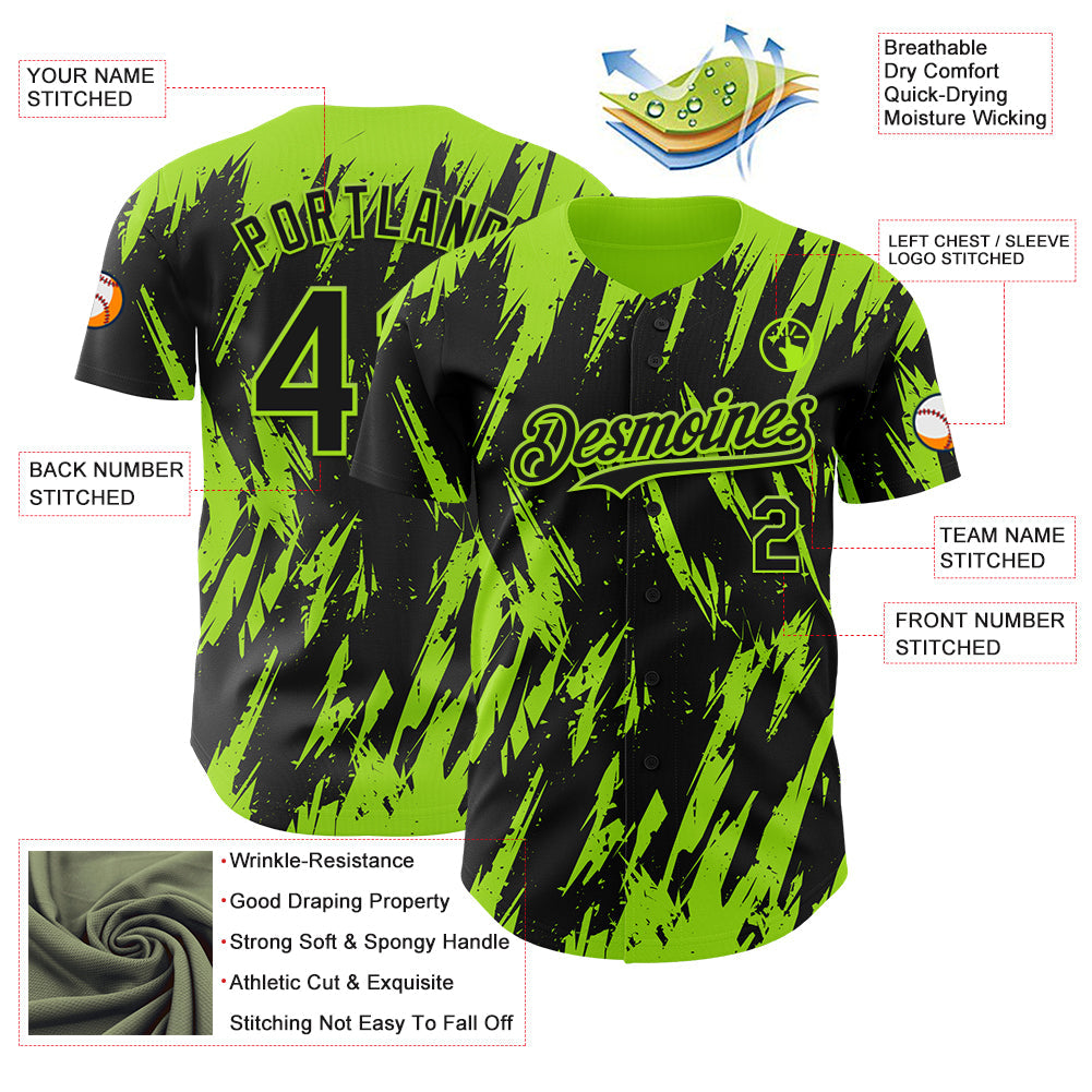 Custom Black Neon Green Splatter Torn Sharp Brush Stroke Authentic Baseball Jersey view 3