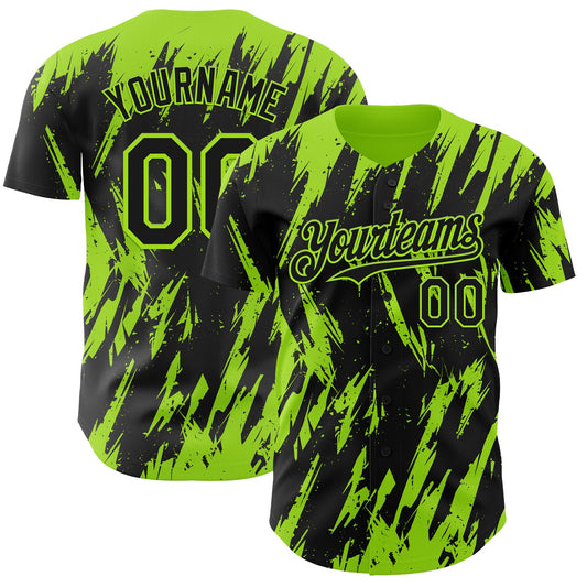 Custom Black Neon Green Splatter Torn Sharp Brush Stroke Authentic Baseball Jersey - Main View