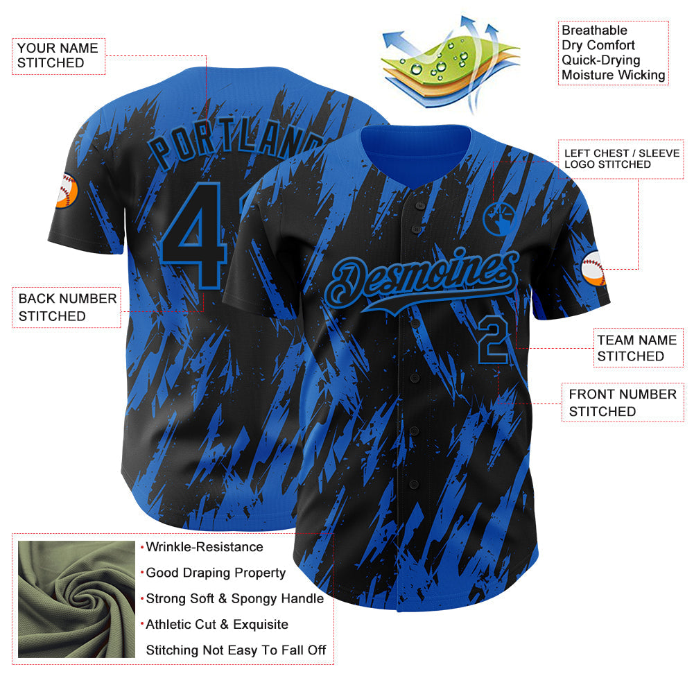 Custom Black Blue Splatter Torn Sharp Brush Stroke Authentic Baseball Jersey view 3