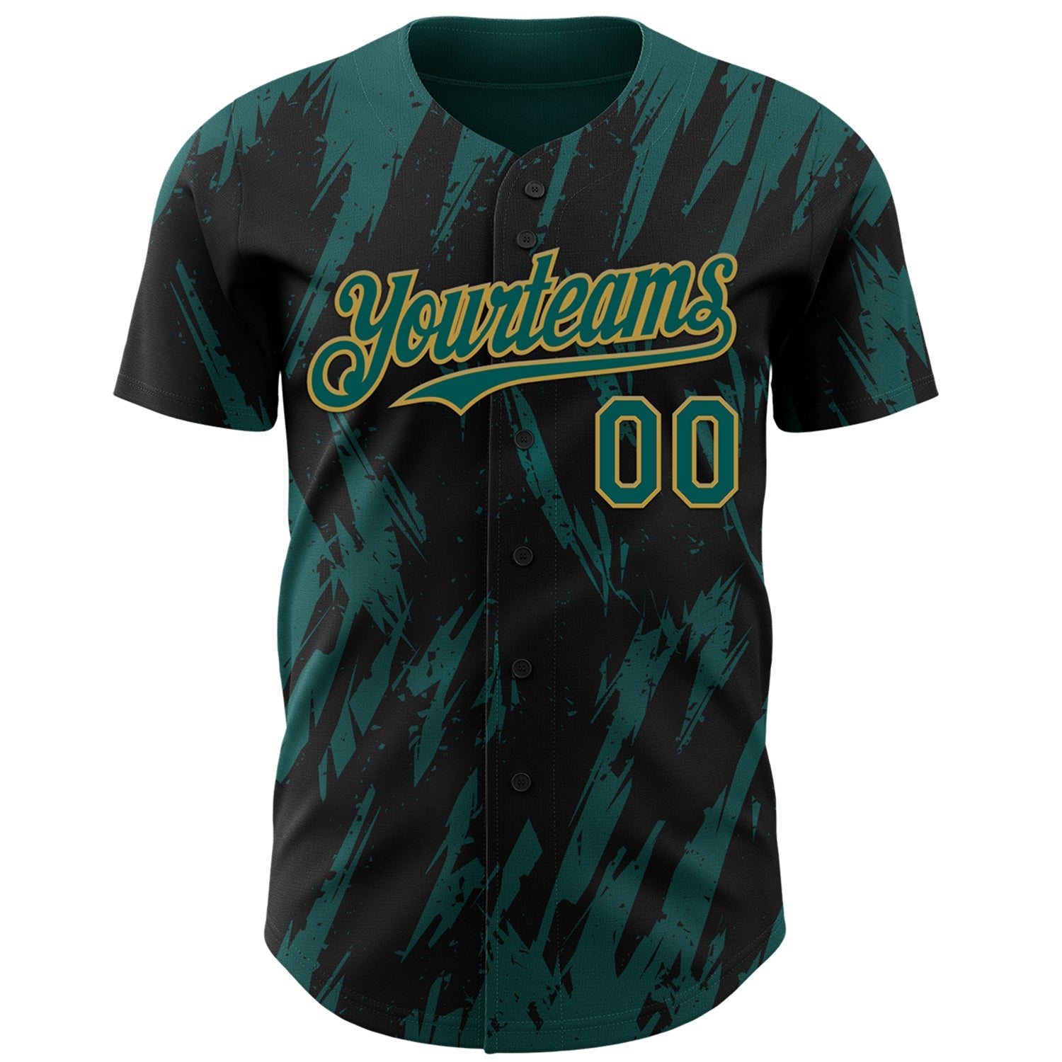 Custom Black Midnight Green-Old Gold Splatter Torn Sharp Brush Stroke Authentic Baseball Jersey view 2