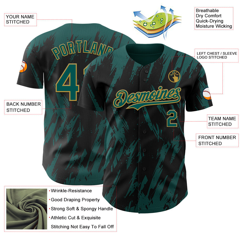 Custom Black Midnight Green-Old Gold Splatter Torn Sharp Brush Stroke Authentic Baseball Jersey view 3