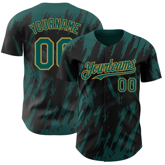 Custom Black Midnight Green-Old Gold Splatter Torn Sharp Brush Stroke Authentic Baseball Jersey - Main View