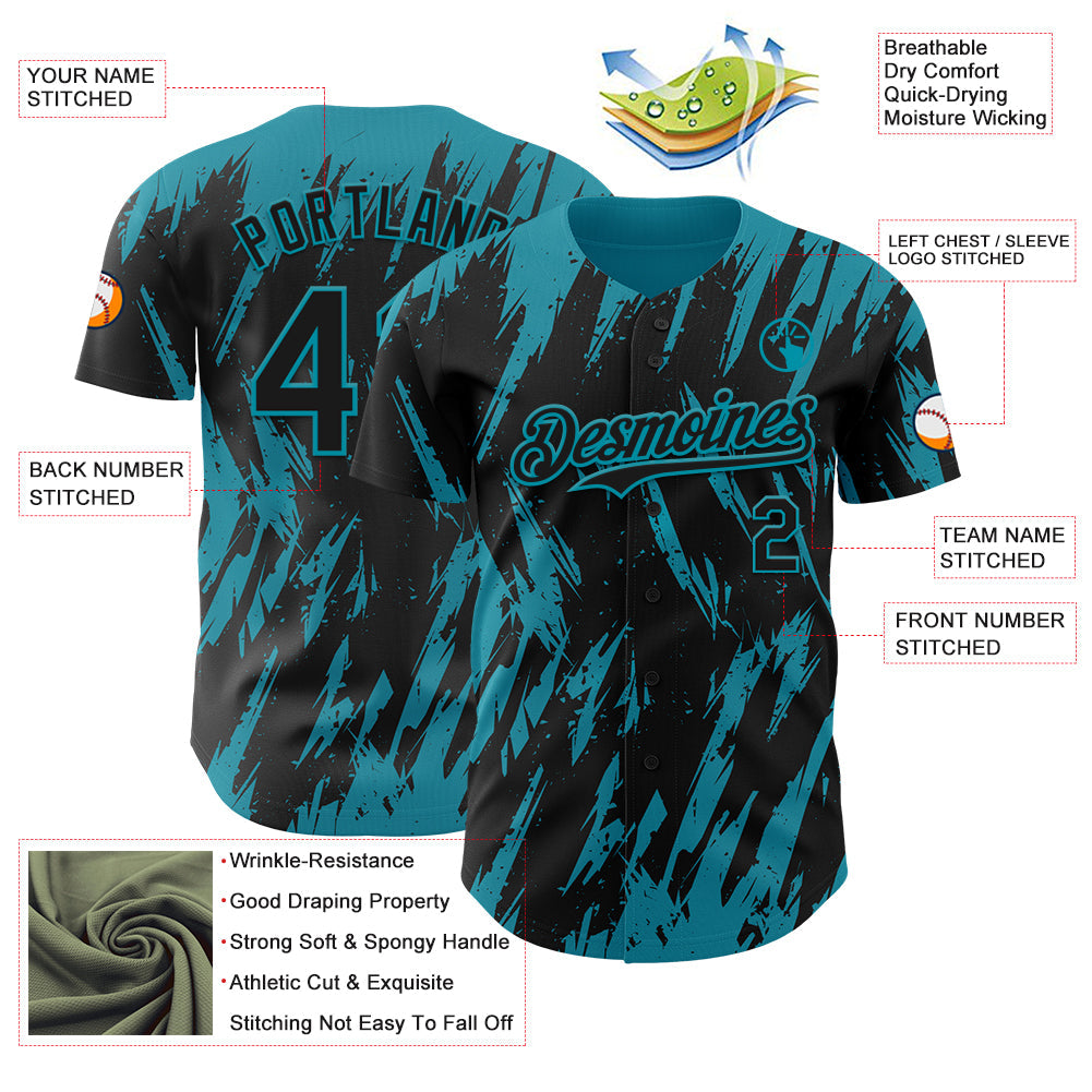 Custom Black Teal Splatter Torn Sharp Brush Stroke Authentic Baseball Jersey view 3