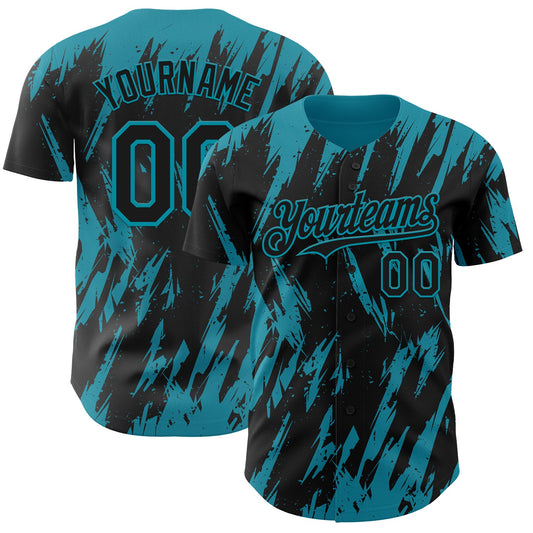 Custom Black Teal Splatter Torn Sharp Brush Stroke Authentic Baseball Jersey - Main View