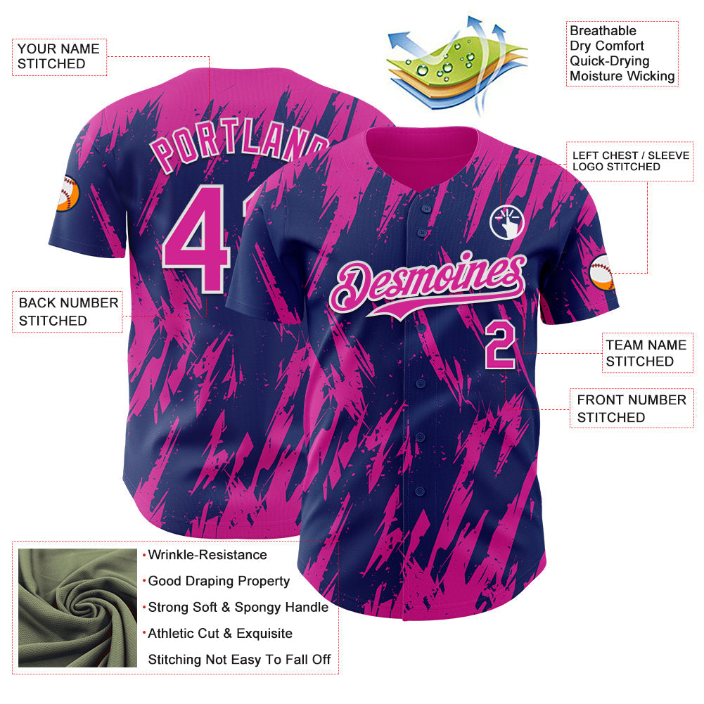 Custom Royal Deep Pink-White Splatter Torn Sharp Brush Stroke Authentic Baseball Jersey view 3