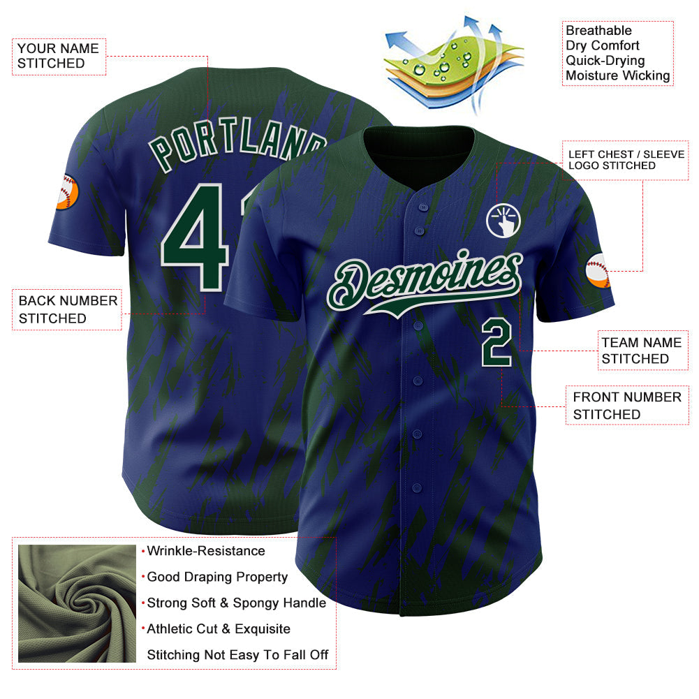 Custom Royal Green-White Splatter Torn Sharp Brush Stroke Authentic Baseball Jersey view 3