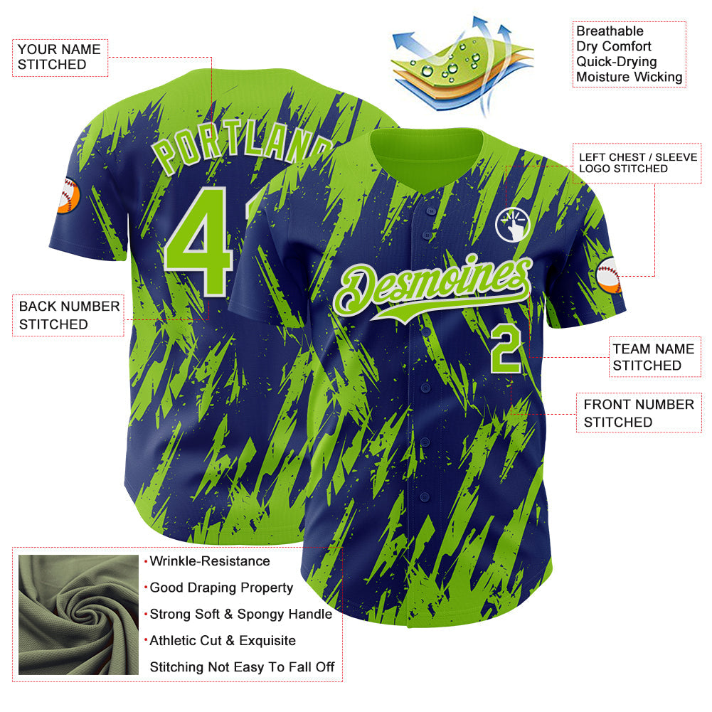 Custom Royal Neon Green-White Splatter Torn Sharp Brush Stroke Authentic Baseball Jersey view 3