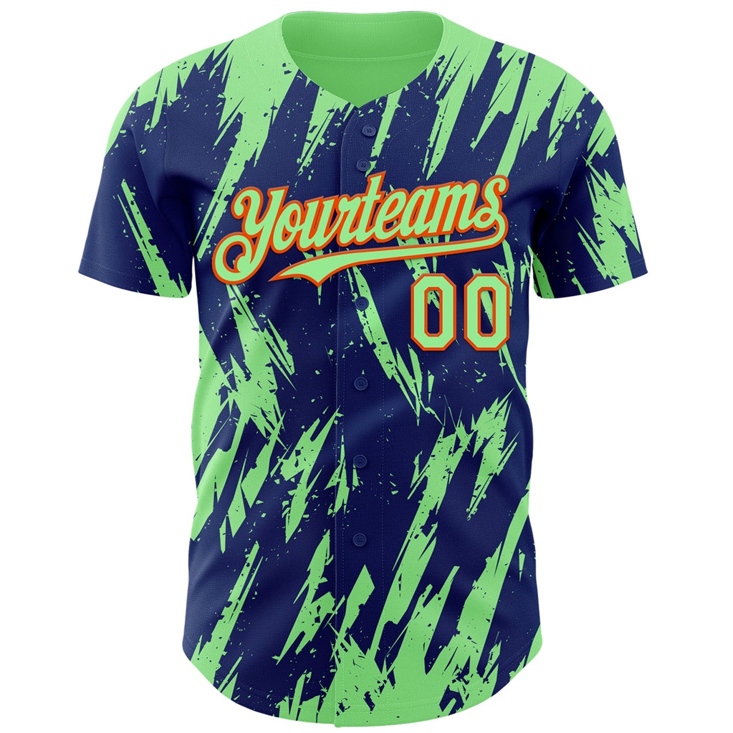 Custom Royal Pea Green-Orange Splatter Torn Sharp Brush Stroke Authentic Baseball Jersey view 2