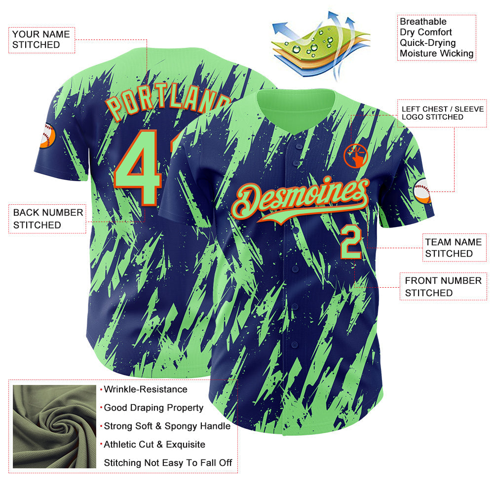 Custom Royal Pea Green-Orange Splatter Torn Sharp Brush Stroke Authentic Baseball Jersey view 3