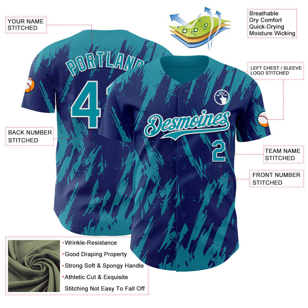 Custom Royal Teal-White Splatter Torn Sharp Brush Stroke Authentic Baseball Jersey view 3