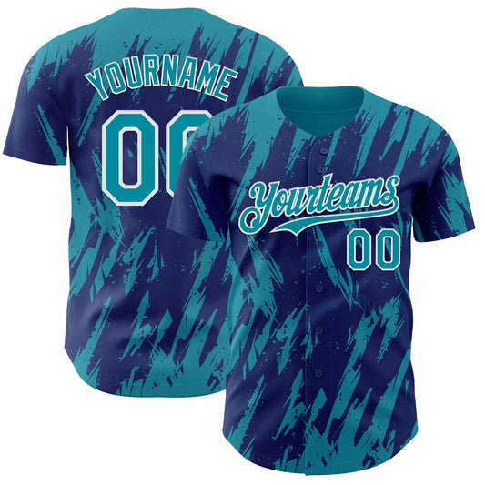 Custom Royal Teal-White Splatter Torn Sharp Brush Stroke Authentic Baseball Jersey - Main View