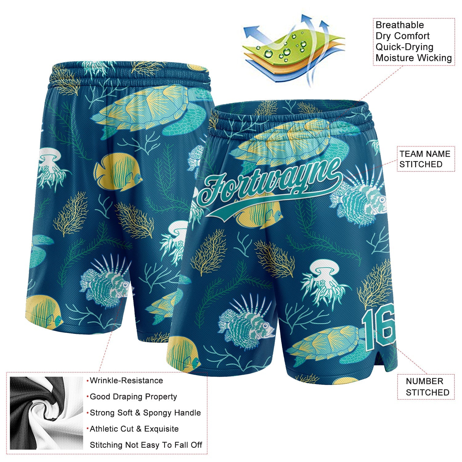 Custom Midnight Green Teal-White 3D Pattern Aquatic Plants And Sea Turtles Authentic Basketball Shorts view 2