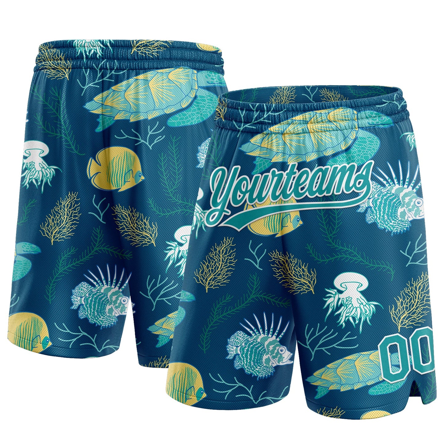 Custom Midnight Green Teal-White 3D Pattern Aquatic Plants And Sea Turtles Authentic Basketball Shorts - Main View