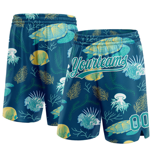 Custom Midnight Green Teal-White 3D Pattern Aquatic Plants And Sea Turtles Authentic Basketball Shorts - Main View