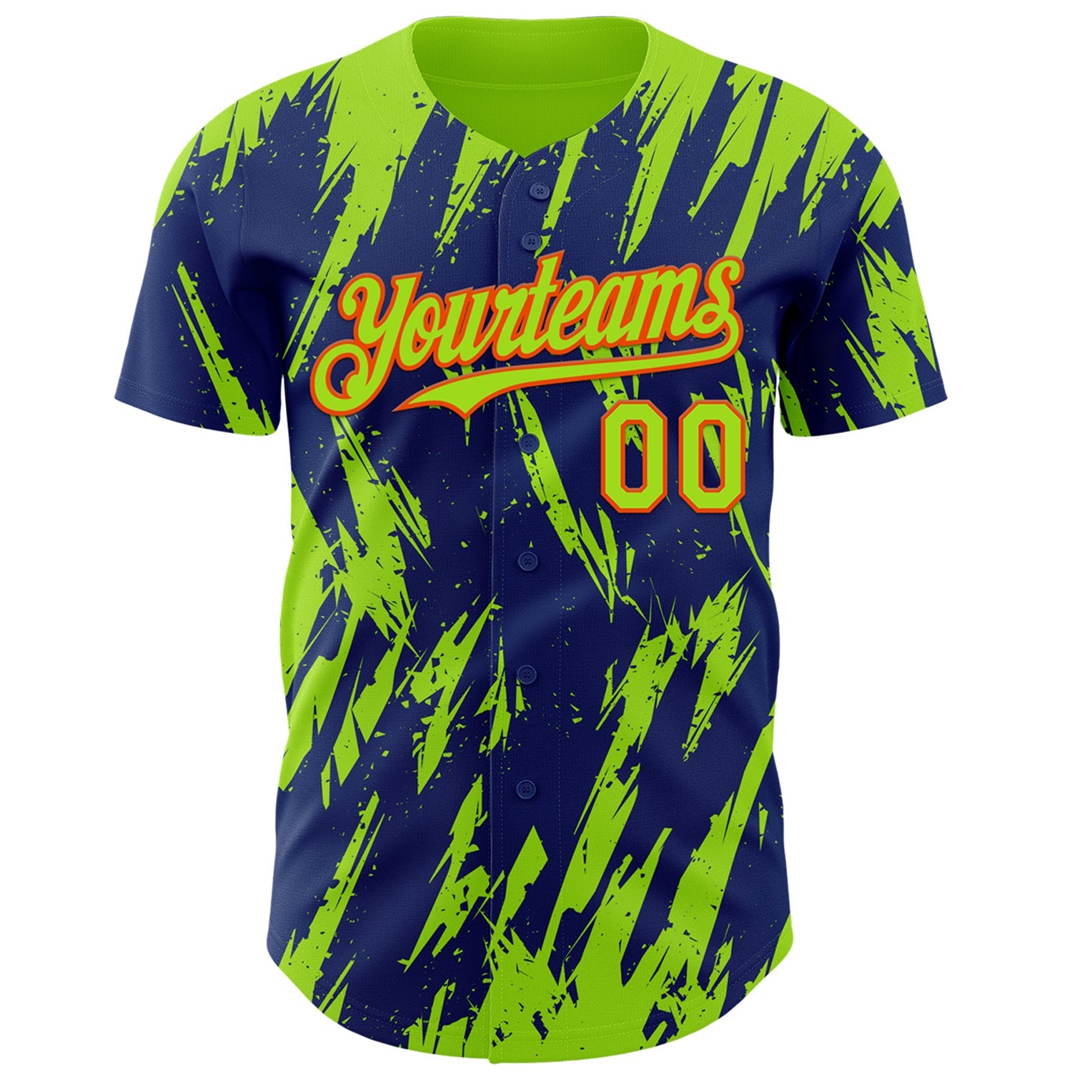 Custom Royal Neon Green-Orange Splatter Torn Sharp Brush Stroke Authentic Baseball Jersey view 2