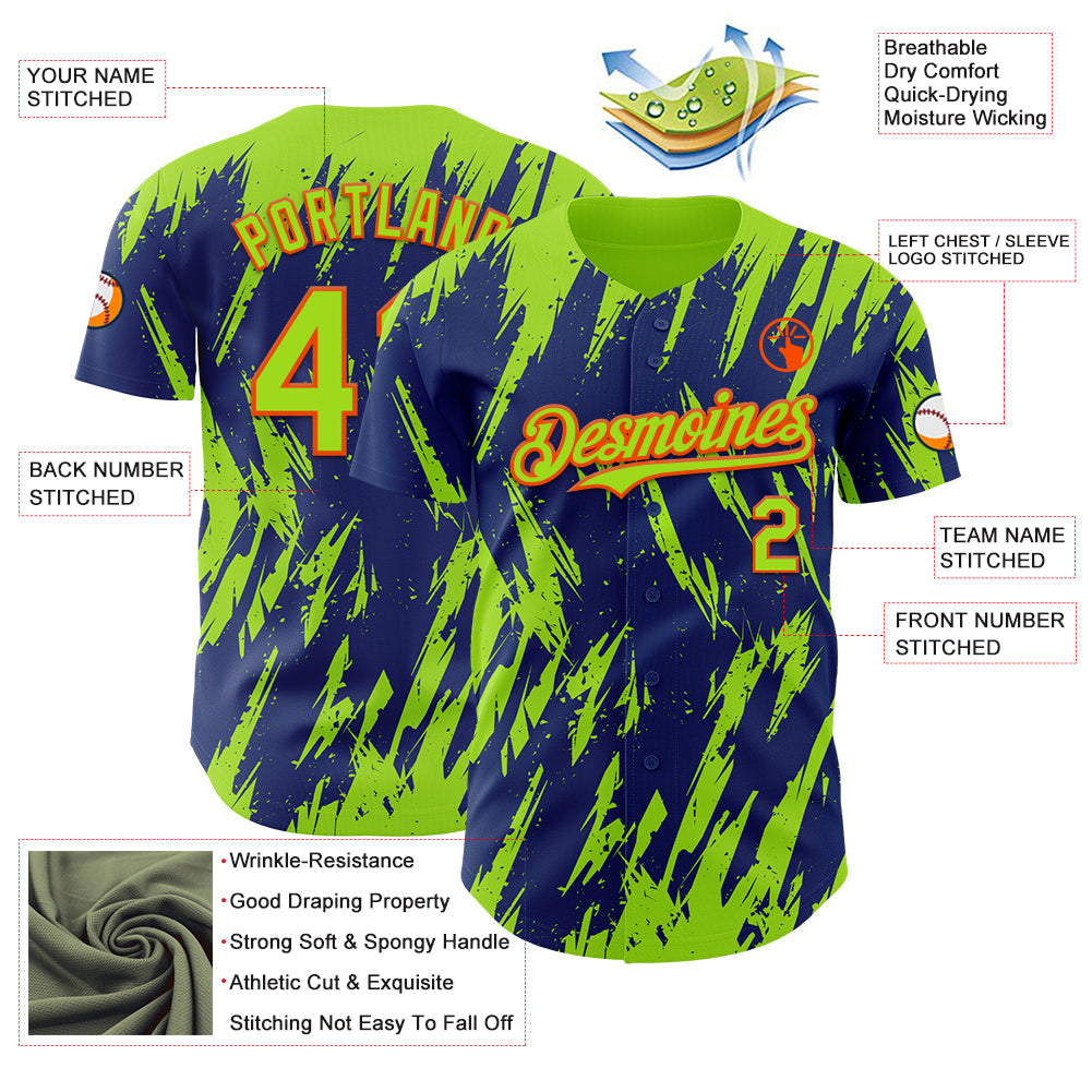 Custom Royal Neon Green-Orange Splatter Torn Sharp Brush Stroke Authentic Baseball Jersey view 3