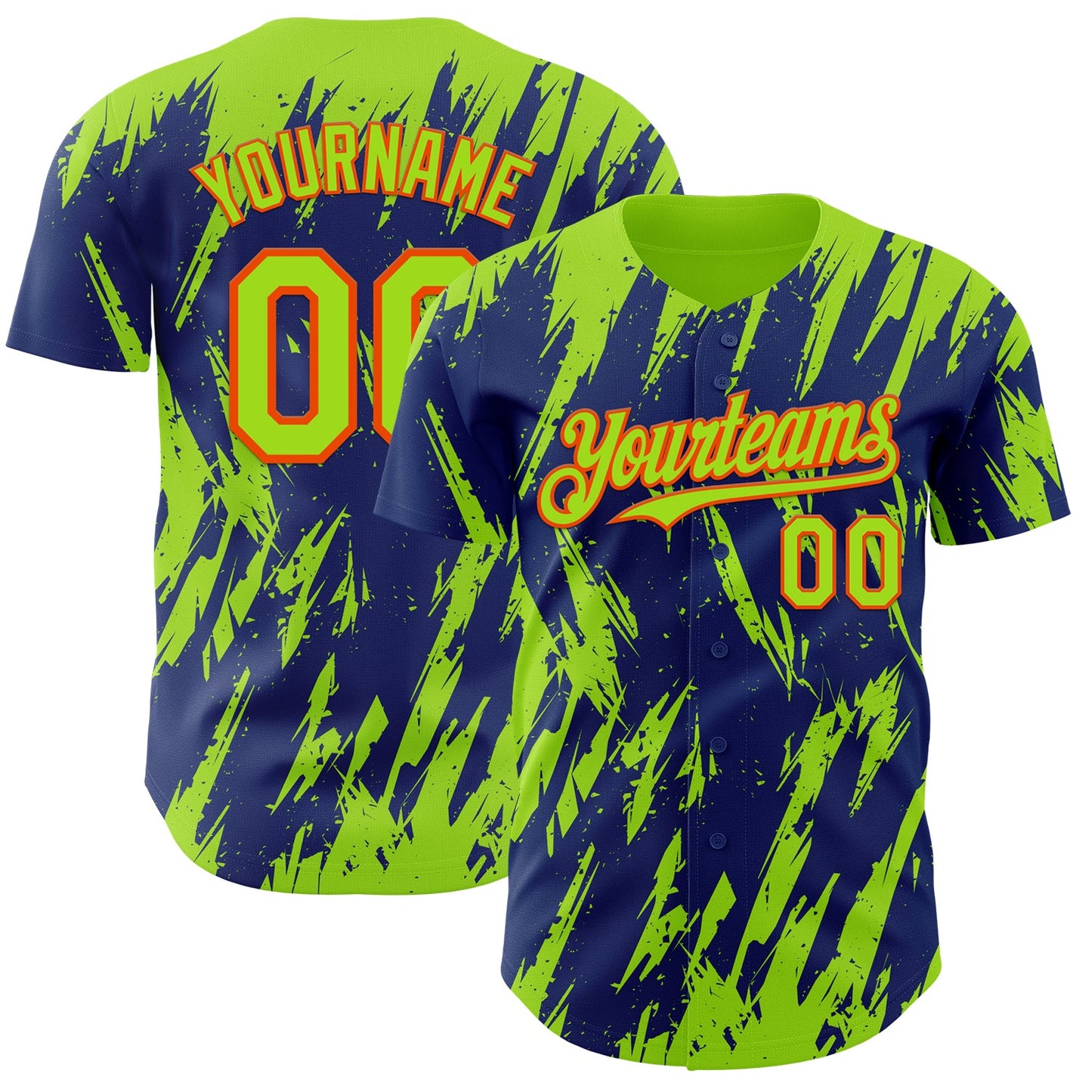 Custom Royal Neon Green-Orange Splatter Torn Sharp Brush Stroke Authentic Baseball Jersey - Main View
