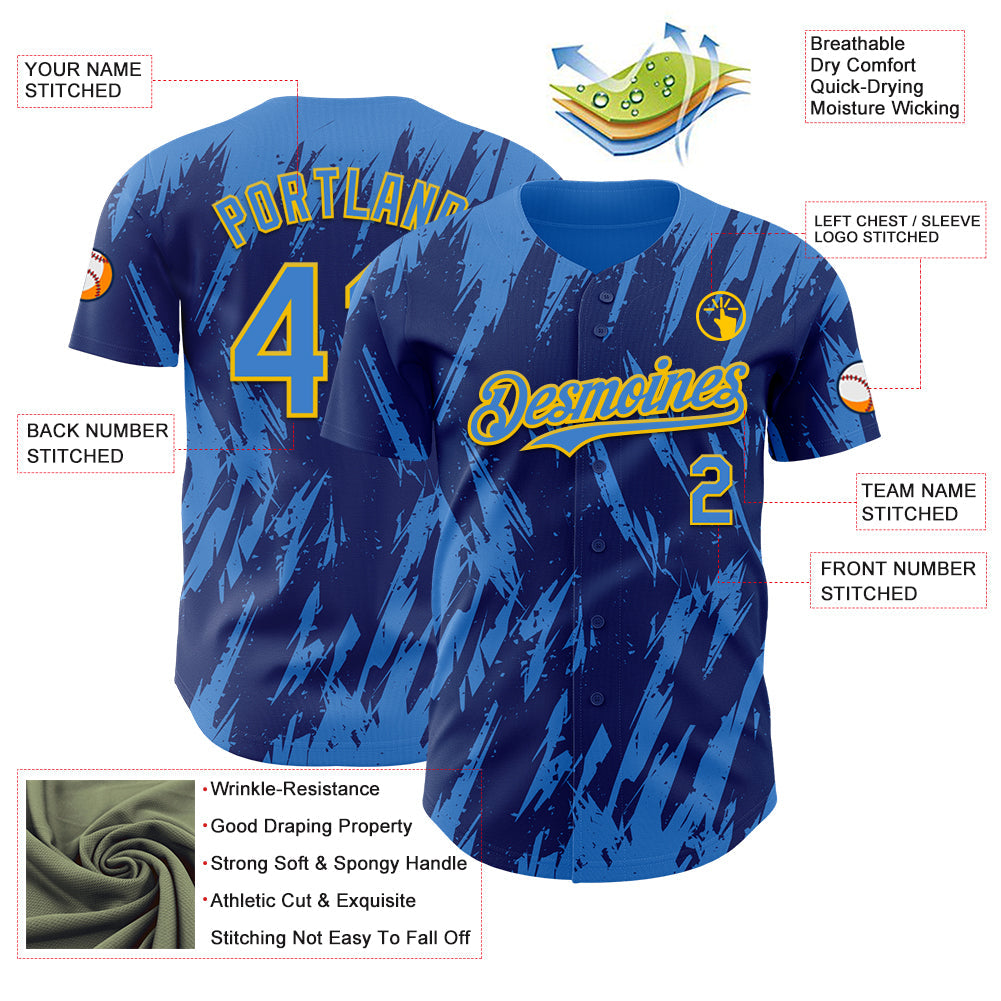 Custom Royal Powder Blue-Yellow Splatter Torn Sharp Brush Stroke Authentic Baseball Jersey view 3
