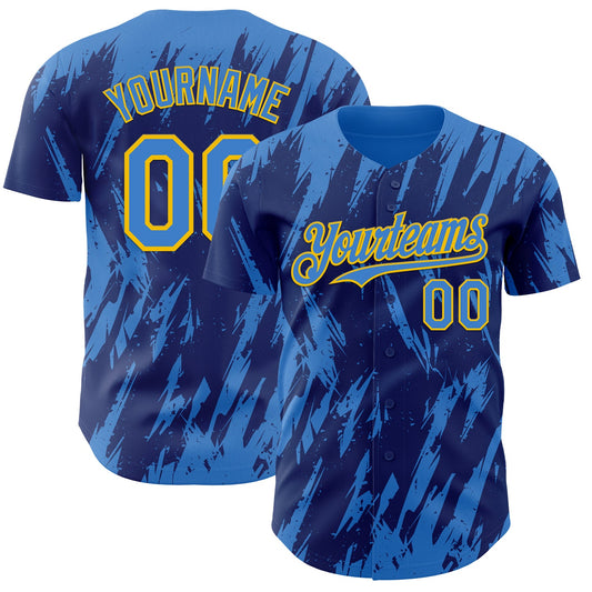Custom Royal Powder Blue-Yellow Splatter Torn Sharp Brush Stroke Authentic Baseball Jersey - Main View