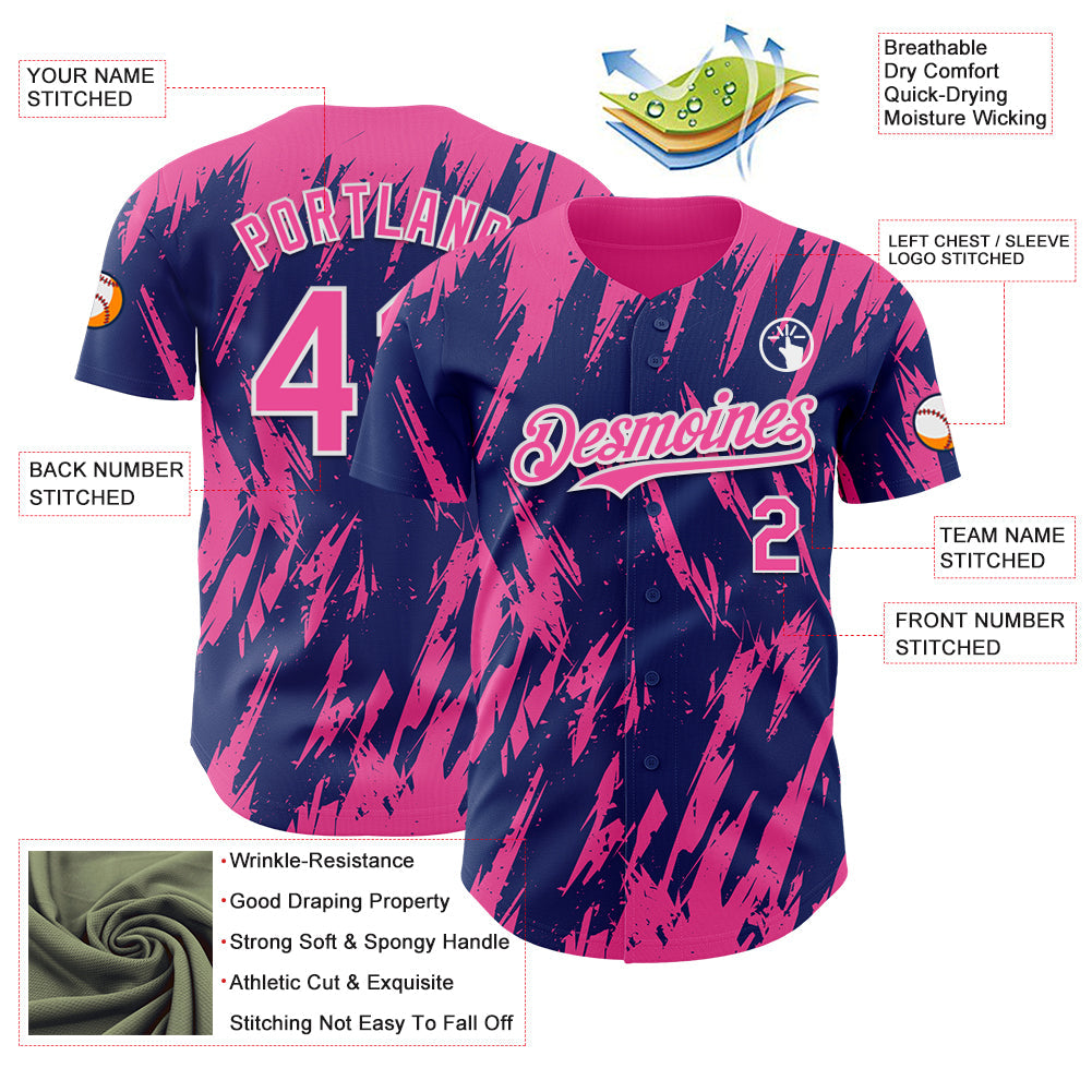 Custom Royal Pink-White Splatter Torn Sharp Brush Stroke Authentic Baseball Jersey view 3
