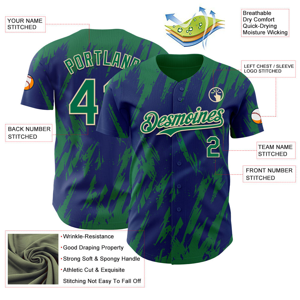 Custom Royal Kelly Green-Cream Splatter Torn Sharp Brush Stroke Authentic Baseball Jersey view 3