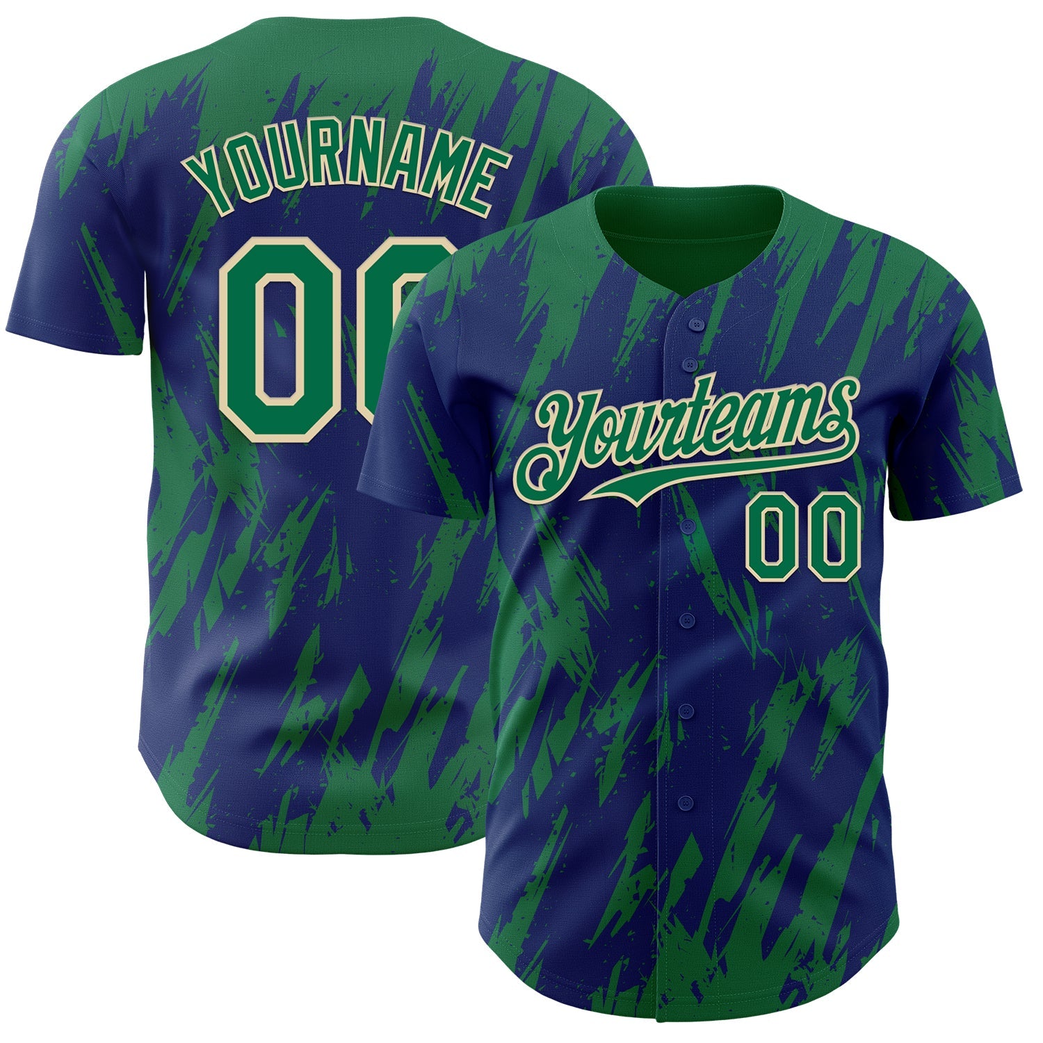 Custom Royal Kelly Green-Cream Splatter Torn Sharp Brush Stroke Authentic Baseball Jersey - Main View