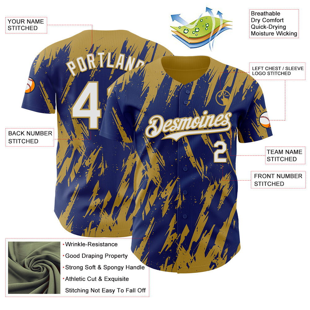 Custom Royal White-Old Gold Splatter Torn Sharp Brush Stroke Authentic Baseball Jersey view 3