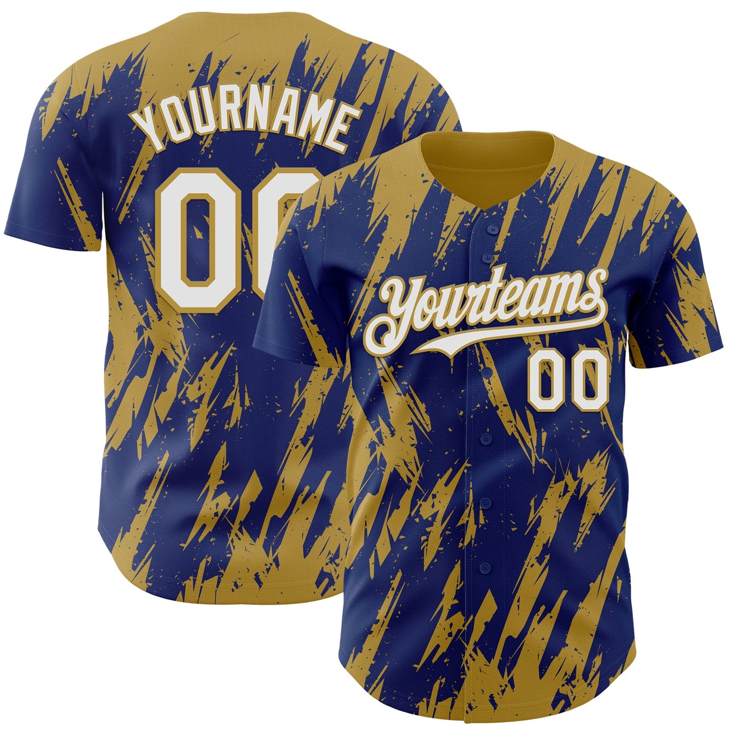 Custom Royal White-Old Gold Splatter Torn Sharp Brush Stroke Authentic Baseball Jersey - Main View