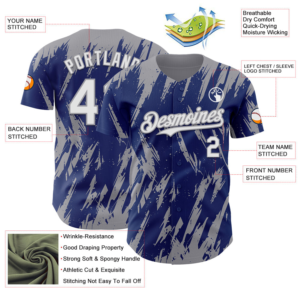 Custom Royal White-Gray Splatter Torn Sharp Brush Stroke Authentic Baseball Jersey view 3