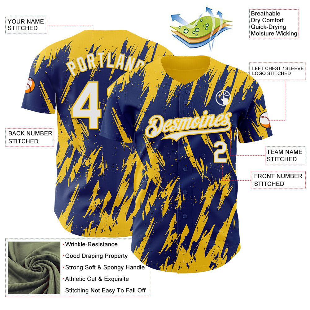 Custom Royal White-Yellow Splatter Torn Sharp Brush Stroke Authentic Baseball Jersey view 3