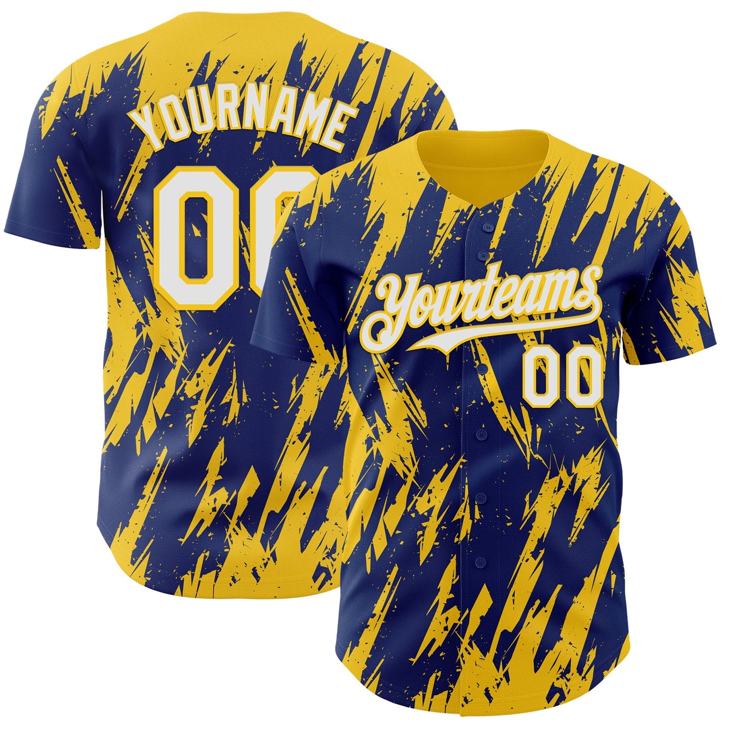 Custom Royal White-Yellow Splatter Torn Sharp Brush Stroke Authentic Baseball Jersey - Main View