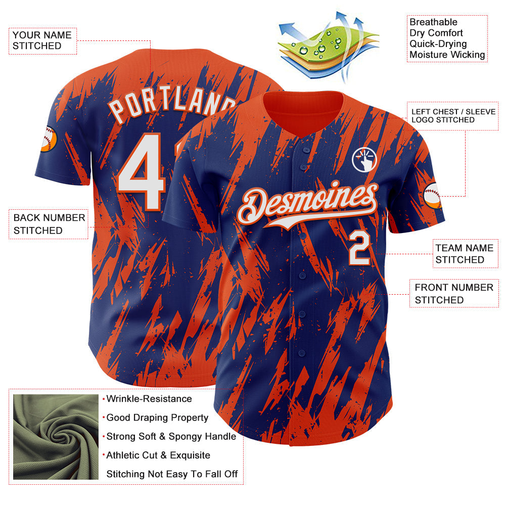 Custom Royal White-Orange Splatter Torn Sharp Brush Stroke Authentic Baseball Jersey view 3