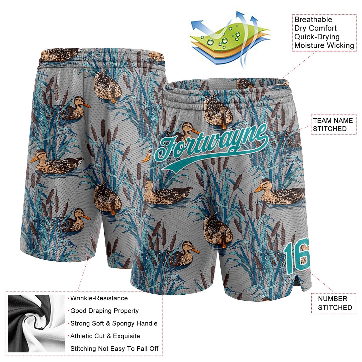 Custom Gray Teal-White 3D Pattern Hawaii Cattail And Duck Authentic Basketball Shorts view 2