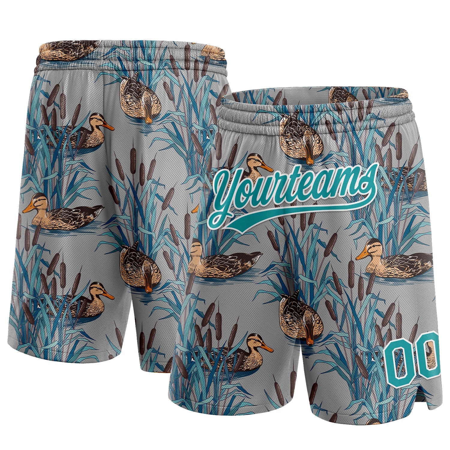 Custom Gray Teal-White 3D Pattern Hawaii Cattail And Duck Authentic Basketball Shorts - Main View