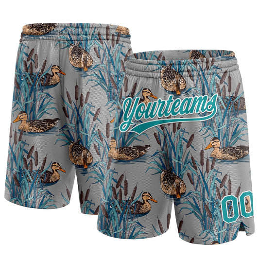 Custom Gray Teal-White 3D Pattern Hawaii Cattail And Duck Authentic Basketball Shorts - Main View