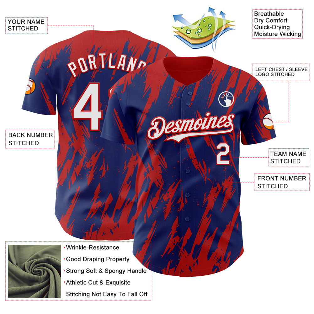 Custom Royal White-Red Splatter Torn Sharp Brush Stroke Authentic Baseball Jersey view 3
