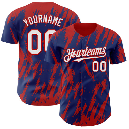 Custom Royal White-Red Splatter Torn Sharp Brush Stroke Authentic Baseball Jersey - Main View
