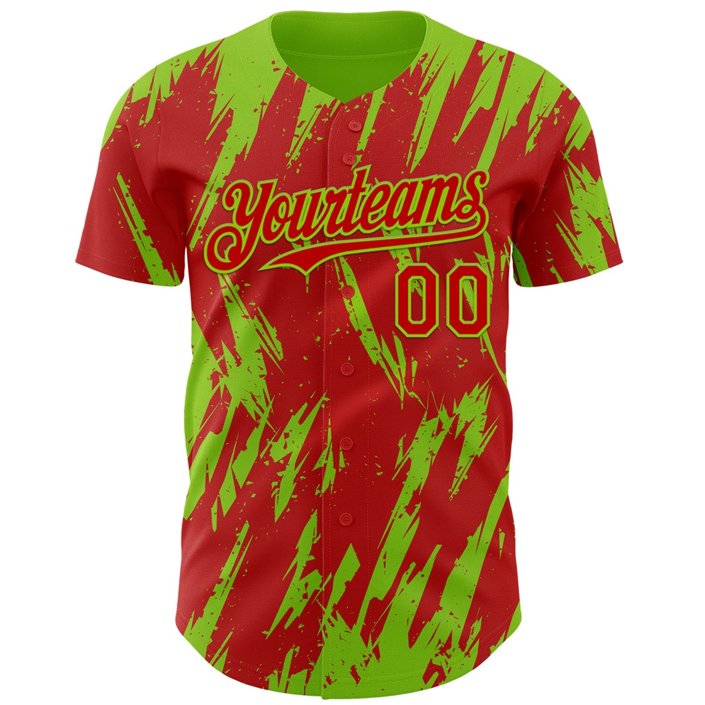 Custom Red Neon Green Splatter Torn Sharp Brush Stroke Authentic Baseball Jersey view 2