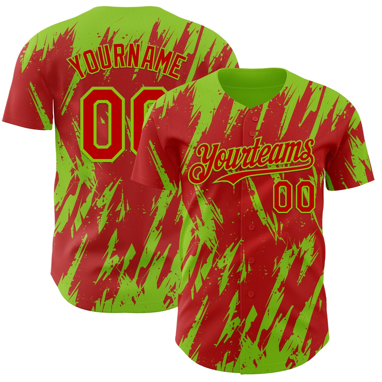 Custom Red Neon Green Splatter Torn Sharp Brush Stroke Authentic Baseball Jersey - Main View