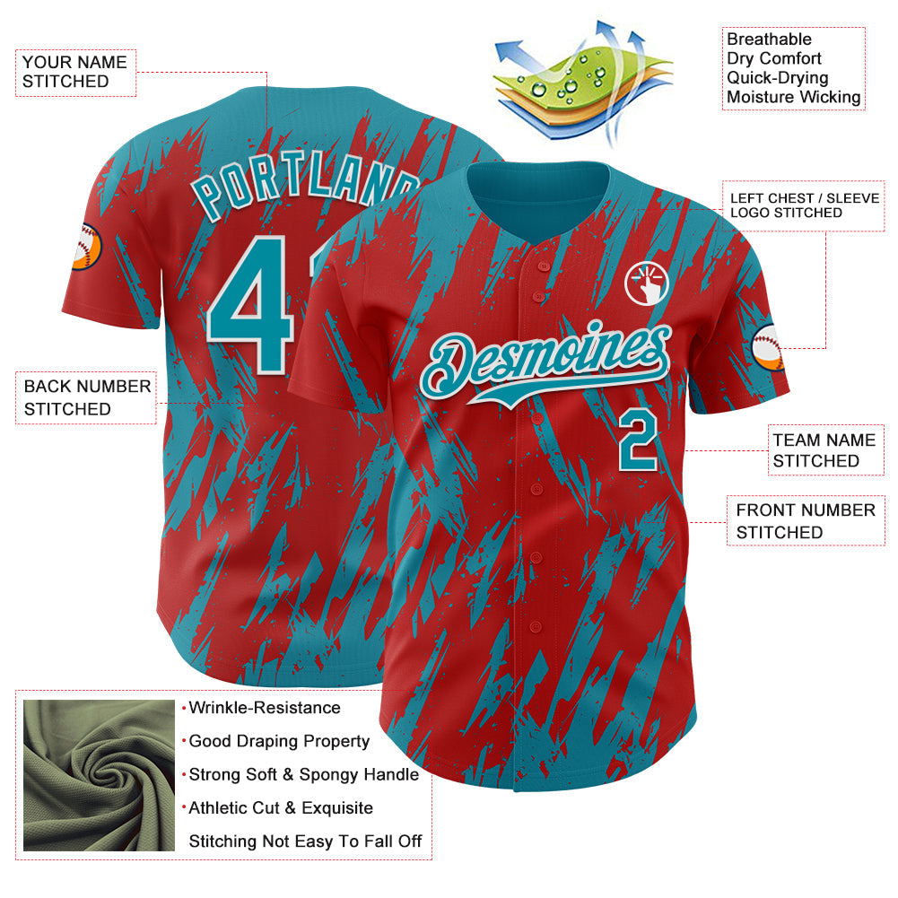 Custom Red Teal-White Splatter Torn Sharp Brush Stroke Authentic Baseball Jersey view 3