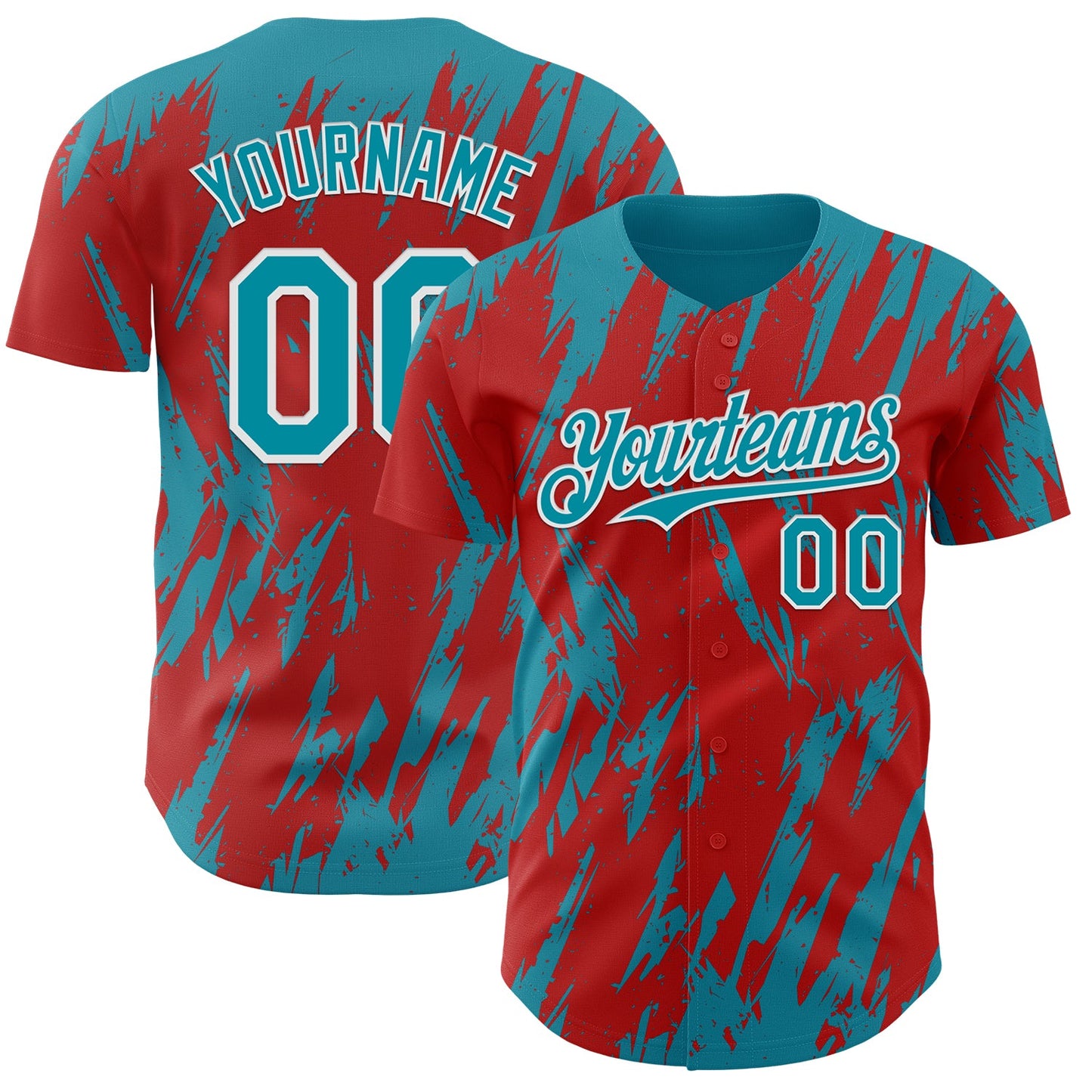 Custom Red Teal-White Splatter Torn Sharp Brush Stroke Authentic Baseball Jersey - Main View